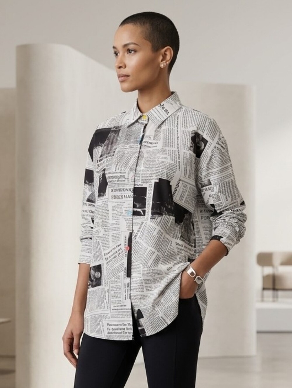 Gabby Isabella🗞NWOT Newspaper-Print Button Down Shirt 100%COTTON Sz M Oversized
